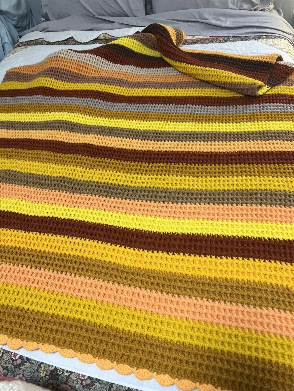 Vintage Handmade Granny Afghan Double Crochet Blanket Golds Browns Orange colors